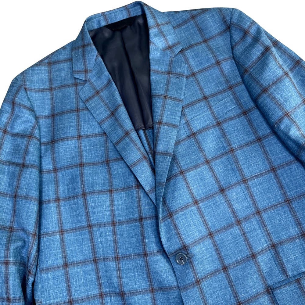 Baroni Couture Loro Piana Summertime Sport Coat Mens 44L Blue Windowpane Plaid